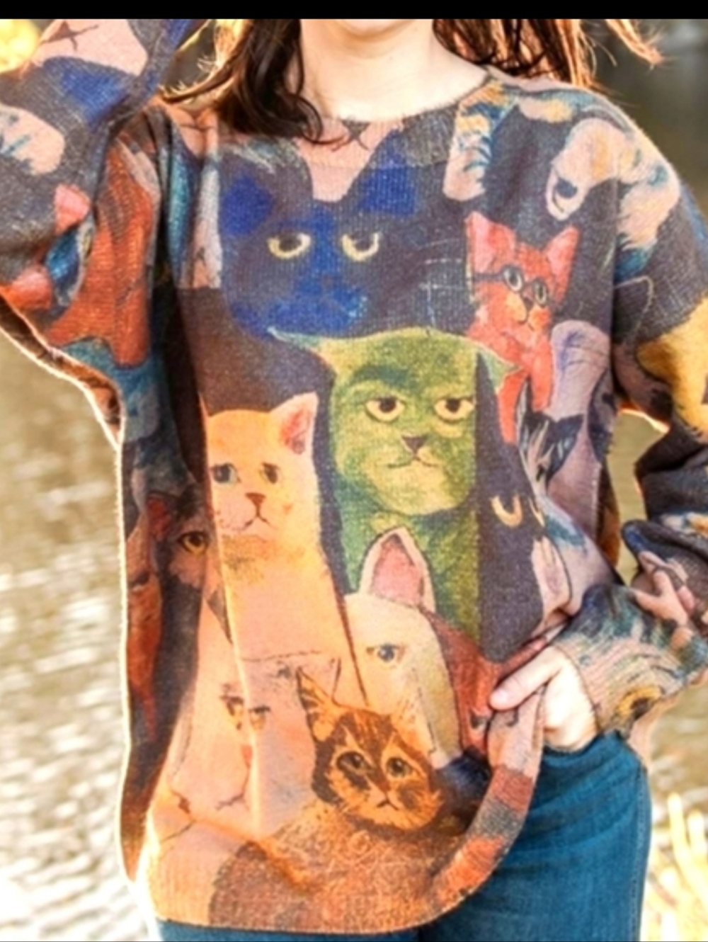Yesno Unique Cotton Wool Blend Crazy Cat Sweater Women's Size L / XL